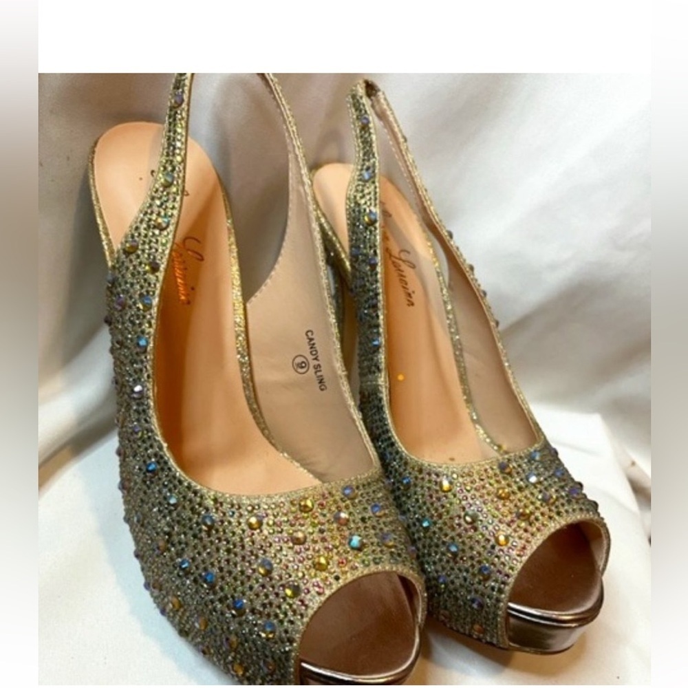 Bedazzled Rhinestone Lauren Lorraine Platform Heels Candy Sling Size 9 Gold